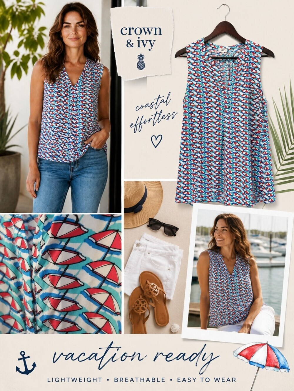 Crown & Ivy Sleeveless Top - L - Beach Umbrella Print